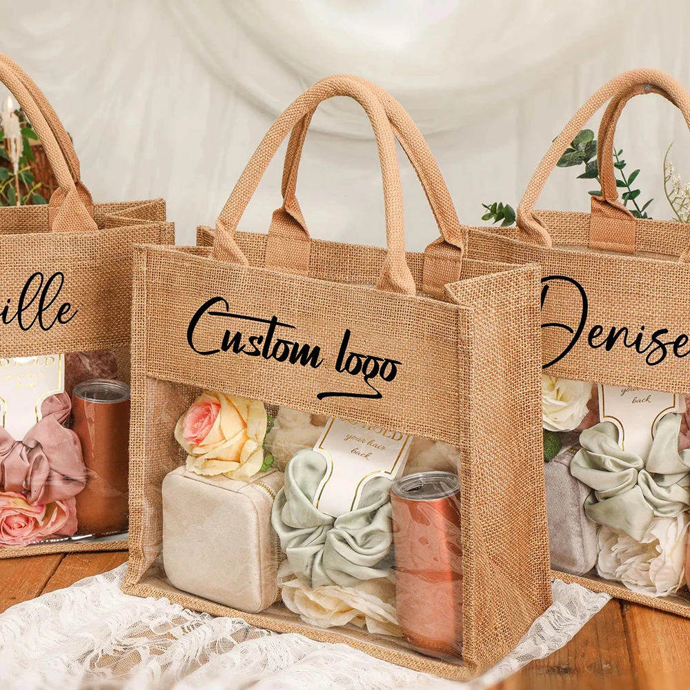 Wholesale Custom Printed Logo Portable Wedding Gift Tote Bags Hessian Linen Jute with Cotton Rope Handle and Transparent Window details