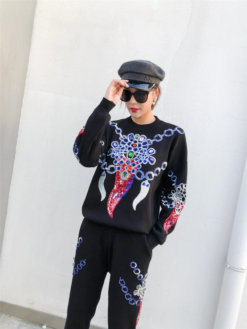 ladies casual european and american face print sweater suit