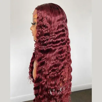 Brazilian Real 100% Colored Raw Virgin Human Virgin Hair Hd Transparent Human 99j Red Burgundy Deep Wave Curly Lace Wig