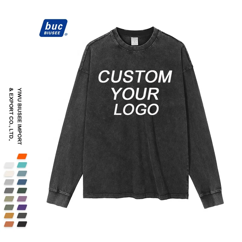 In Stock Custom Logo Printing Embroidery  100% Cotton Heavy washing Unisex Blank Long Sleeve T Shirt