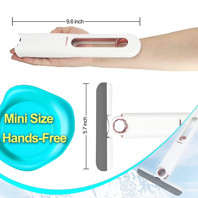 Portable Mini Self-Squeeze Sponge Mop Lazy Hand-Free Design Foldable 2 Cotton Heads for Household Desktop Car Glass Cleaning