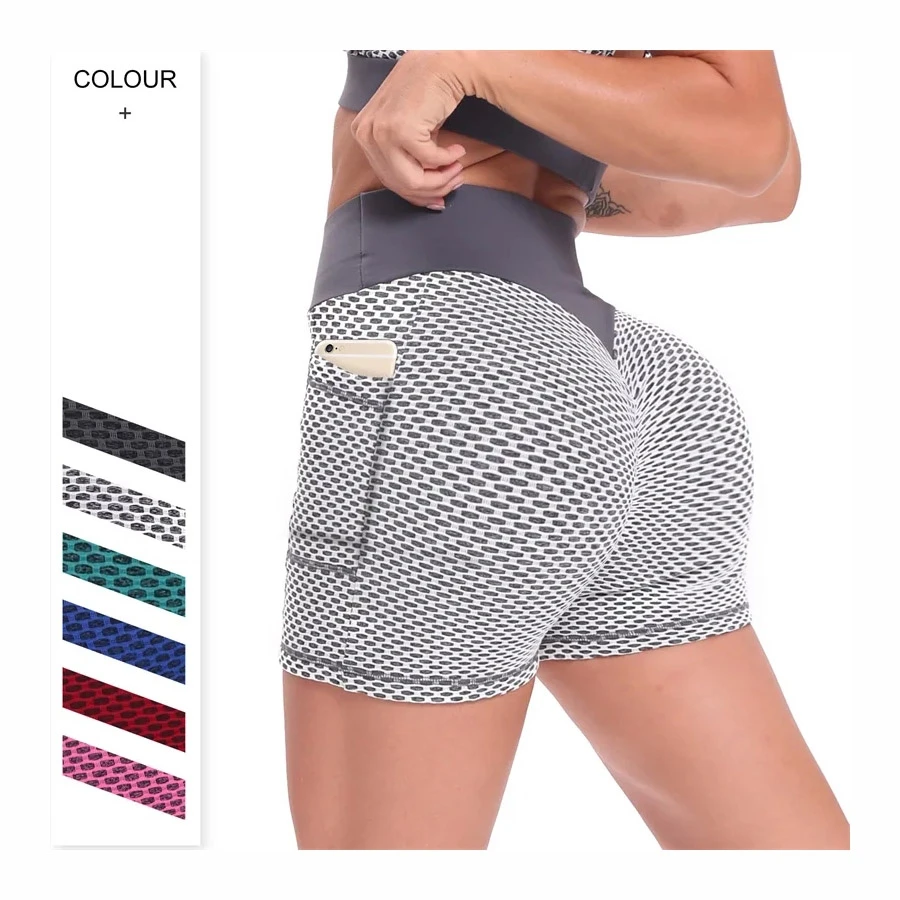 Honeycomb Sexy Women Training Yoga Shorts High Waist Hip Lifting High Elastic Slim Yoga Shorts with pocket