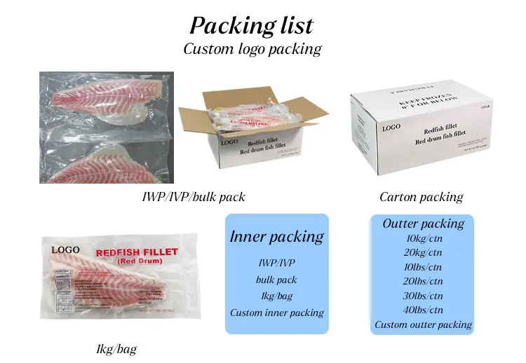 去皮无骨红鱼鱼片iqf 4-6盎司6-8盎司iwp ivp 8-10盎司红鼓鱼片冷冻红鱼鱼片