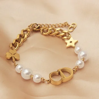Famous branded inspired designer bracelet CD star pearl stainless steel bracelet for women gold plated jewelry