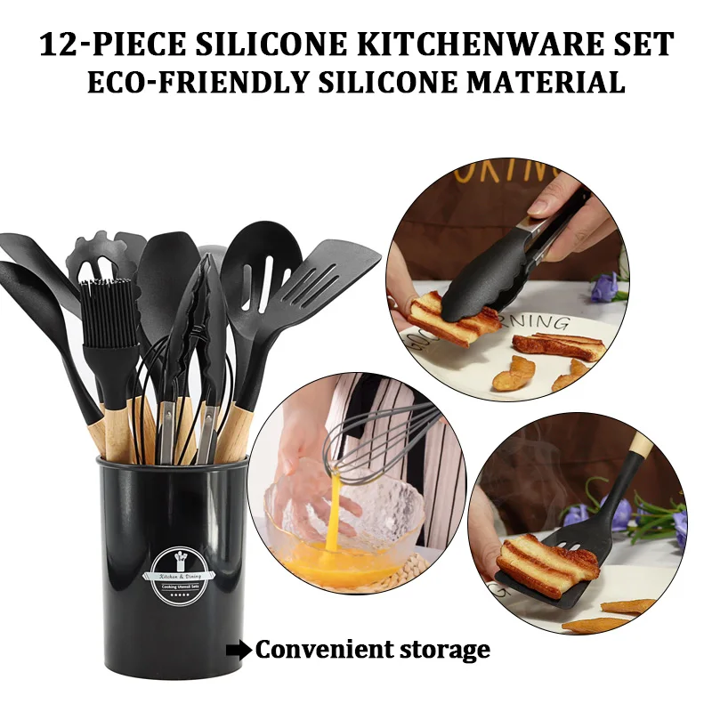 kitchenware silicone cooking 12 pcs kitchen utensil set with wooden handle