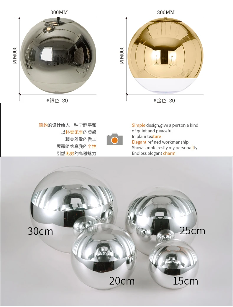 Modern Decoration Mirror Glass Ball Light Gold Brass Lighting Pendant Lamp