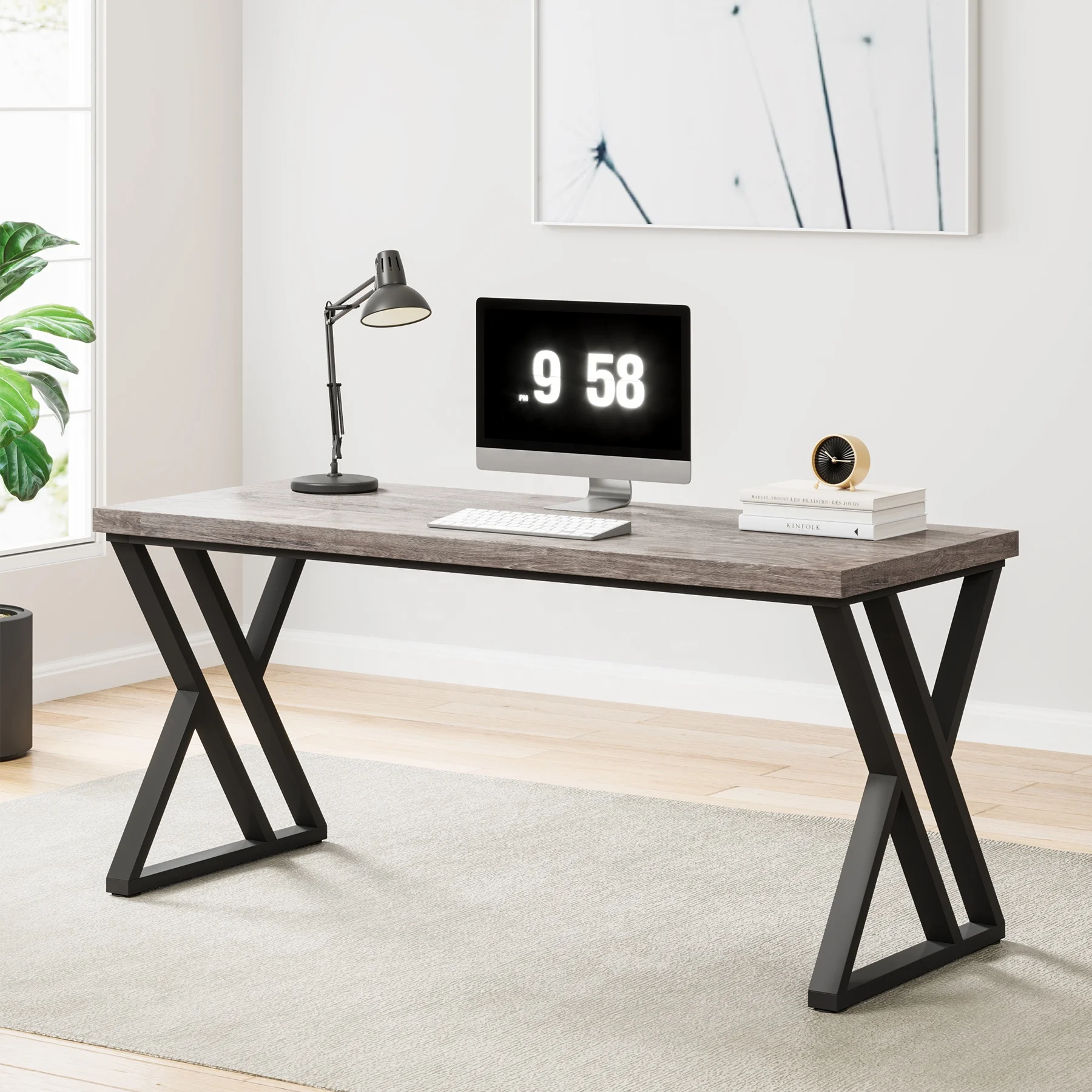 Tribesigns 55 inch Modern Simple Heavy Duty Z-Shaped Metal Leg Wood Writing Computer Table School Study Office Desk