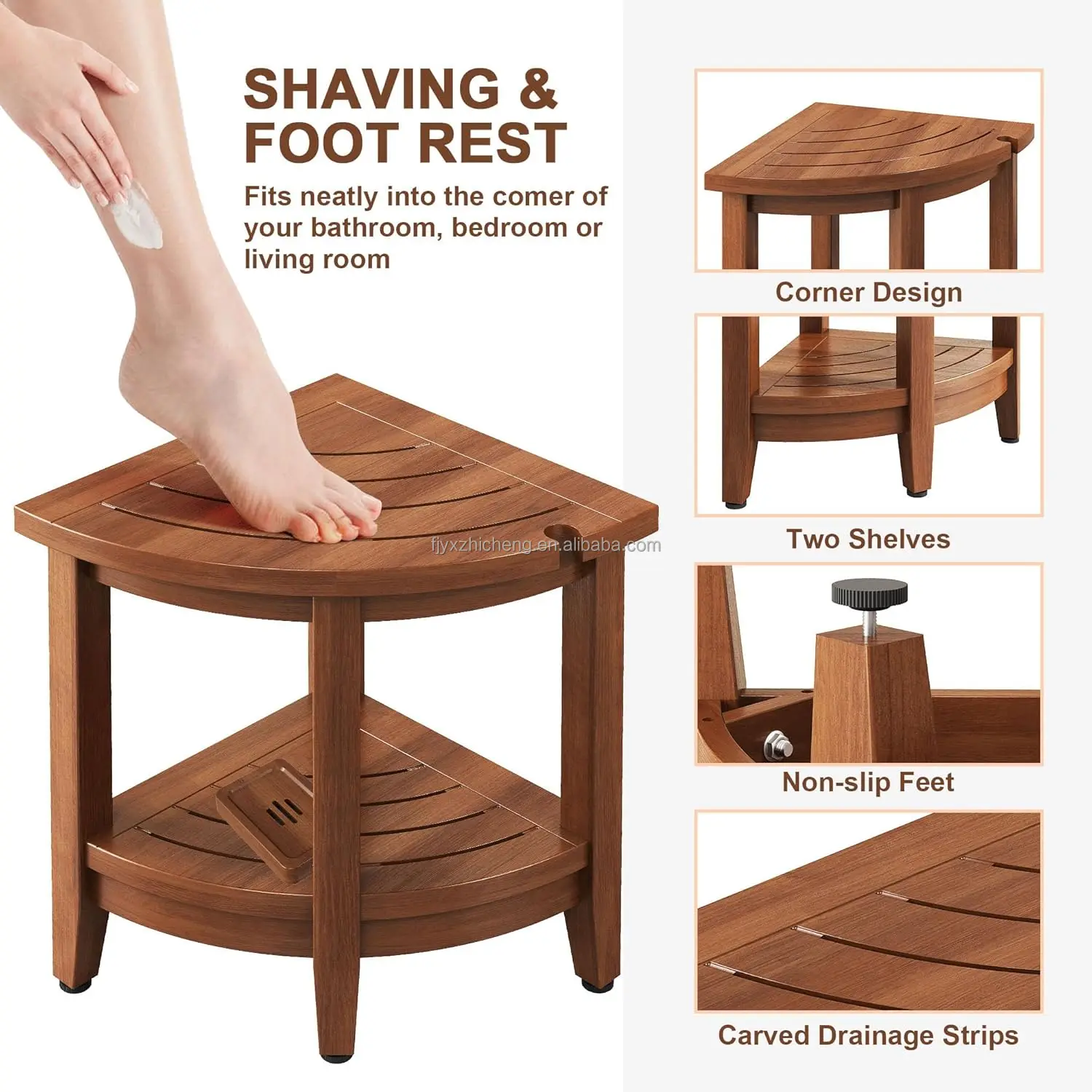 product teak corner shower stool adjustable non slip feet 2 tier storage shelf for shaving legs bathroom furniture-3