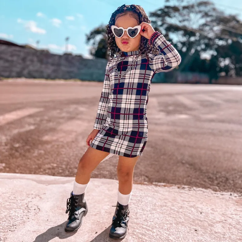 1-7Y toddler girls casual dresses long-sleeve plaid girl's clothing kids fashion baby dresses