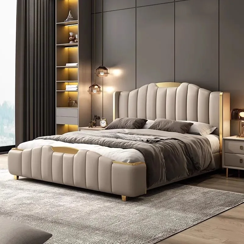 Wholesale Luxury King Size Modern Leather Bed with Gold Stainless Steel Frame High Double Bed Upholstered Leather Headboard