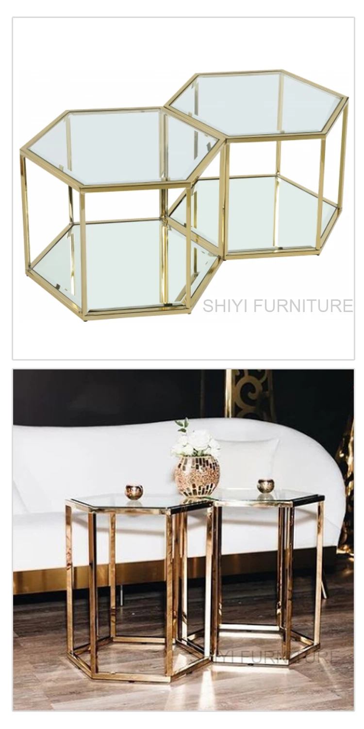Simple design gold steel glass top coffee table