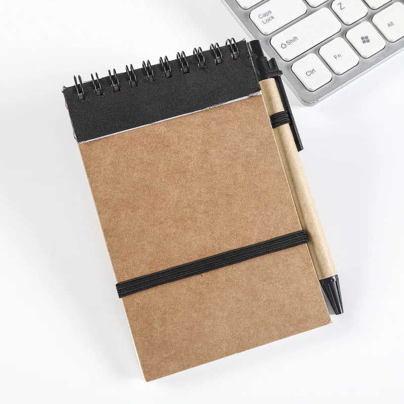 Environmentally friendly and recyclable kraft paper card cover bandage spiral binding notebook with pen Environmentally friendly and recyclable kraft paper card cover bandage spiral binding notebook with pen
