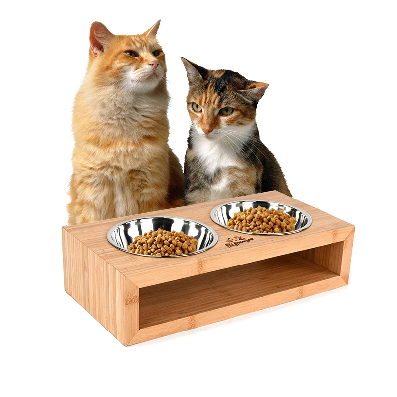 Adjustable Bamboo Elevated Raised Pet Feeder Stand with 2 Stainless Steel Bowls for Cats and Dogs