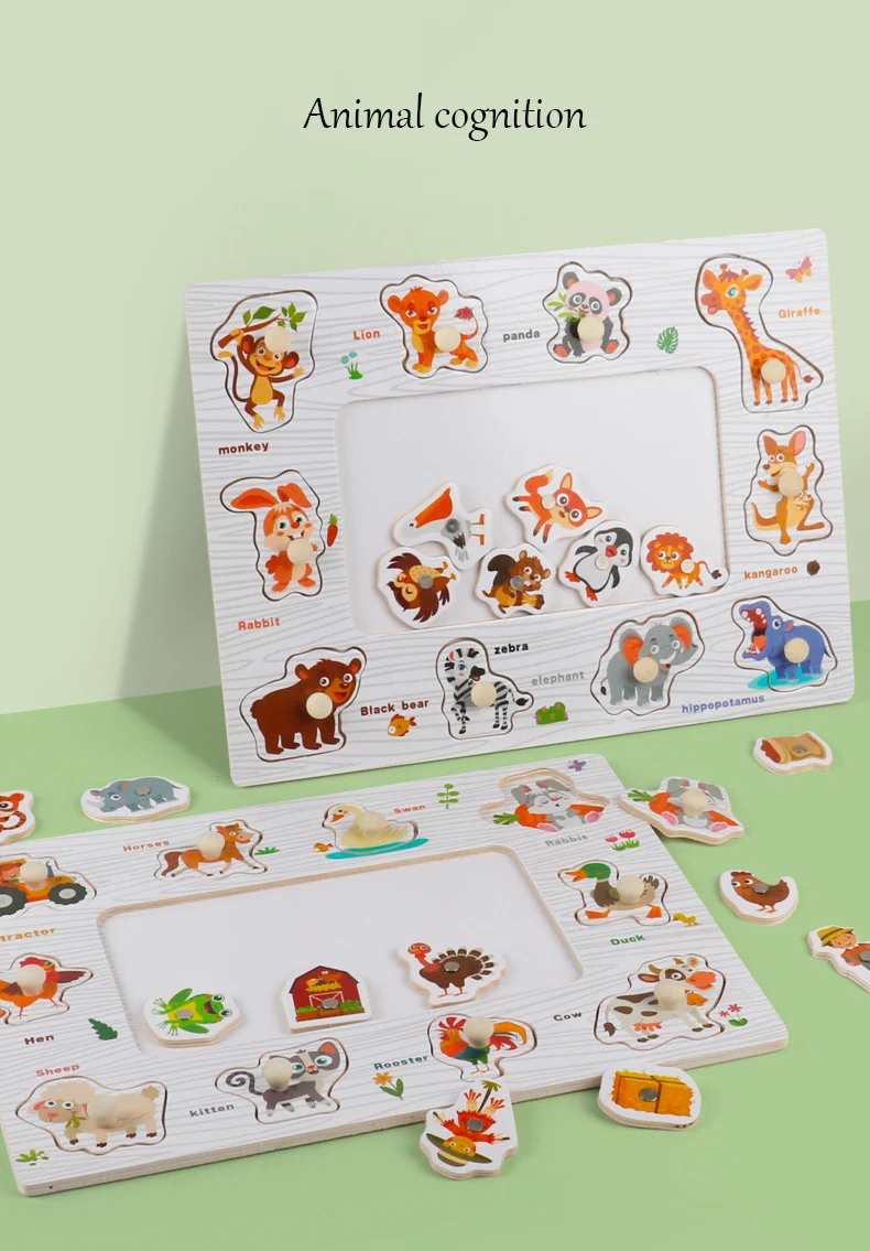 Holz Hand Greifbrett Tiere Steckpuzzle Angelspiele Lernspielzeug Puzzle für Kinder Vorschule Pädagogische Details