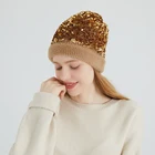 Women Fur Winter Women Fashion Shine Sequins Knit Fur Hat Cap