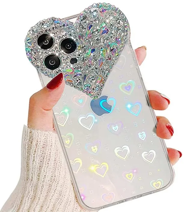 Women Phone Case Shell Love Heart Rhinestone Gemstone Mobile Covers for iPhone 15 14 13 12 11 series