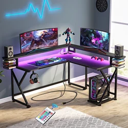 Tribesigns Ergonomic Black 61 inch Computer Corner Gaming Desk L Shaped with USB Port Hook Led Light Power Outlet Monitor Stand