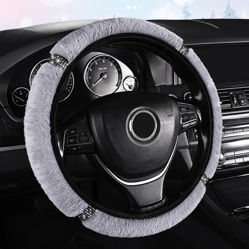 Elastic Steering Wheel Cover  made with Soft Plush and Rhinestone  Stretch Steering Wheel Cover Universal fit for 15 inch rings