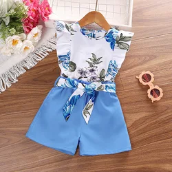 Korean style little girls summer outfits sleeveless floral tops+shorts boutique two piece toddler kids clothing sets