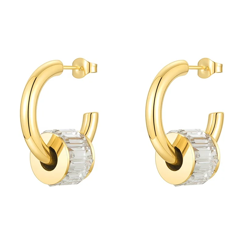 High Quality 18K Gold Plated Stainless Steel Jewelry C Shaped Diamond Encrusted  Cylinder  Earrings E201220