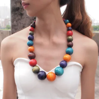Fashion wooden beads Long Necklace Bohemia women coloured beaded necklace