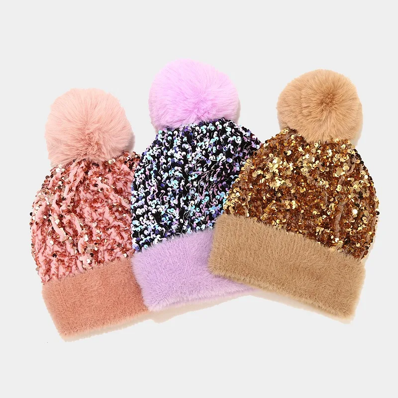 sequin pom pom beanie hat