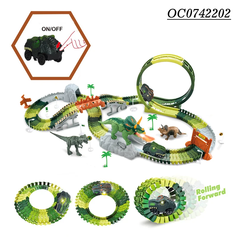 177PCS Electric mist spray dinosaur rail race track railway car toy sets