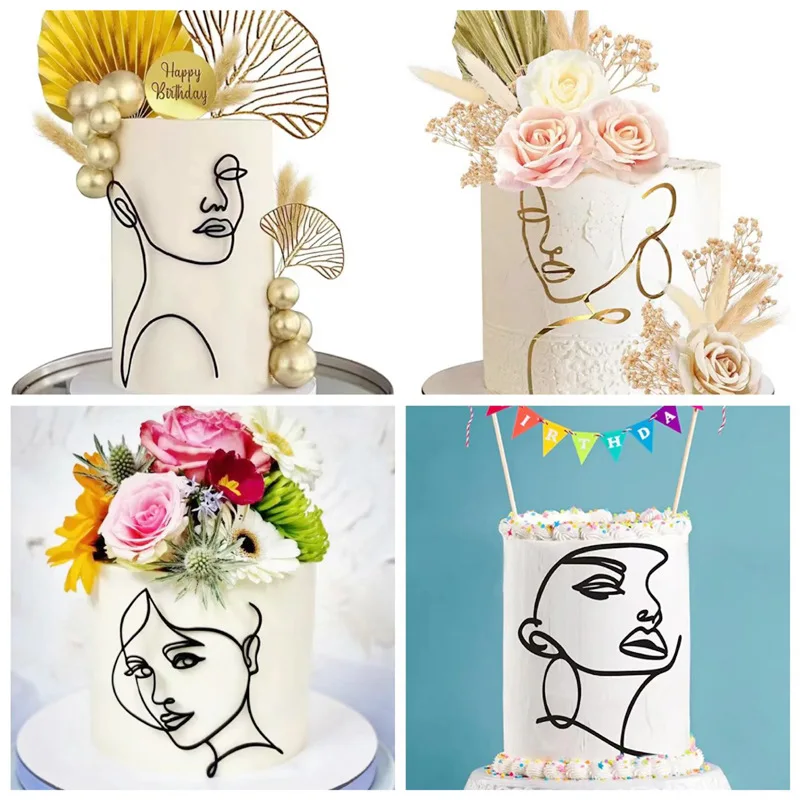 Hot sale Lady Face Line Cake Topper Art Abstract Face Cake Topper For Birthday Decoration Wedding Party Supplies