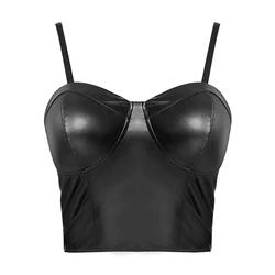 Low Price Womens Black Leather Corset Bra Top with Back Zipper Crop Top Club Party