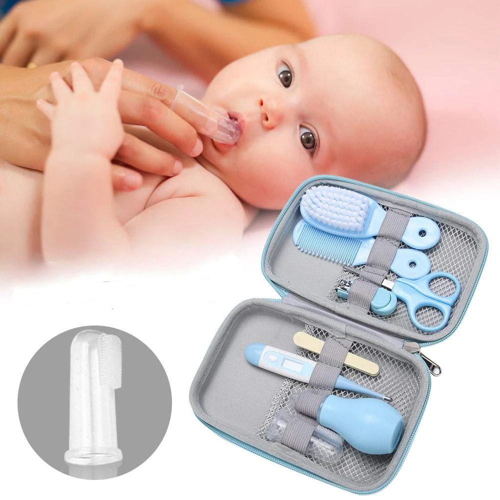 cortaúñas kit de aseo para recién nacido AOZBZ Kit de cuidado diario para bebés cepillo para el cabello termómetro electrónico limpiador de nariz manicura para niños pequeños tijeras 8 piezas 