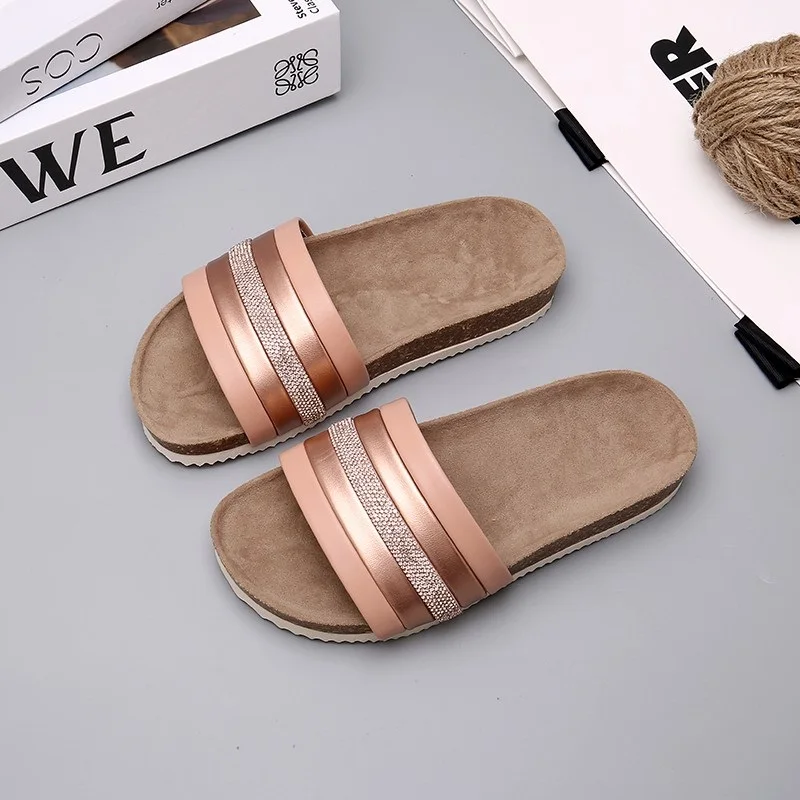 Summer PU Leather Champagne Flat Heel Breathable Open Toe Casual Shoes Women's Slippers