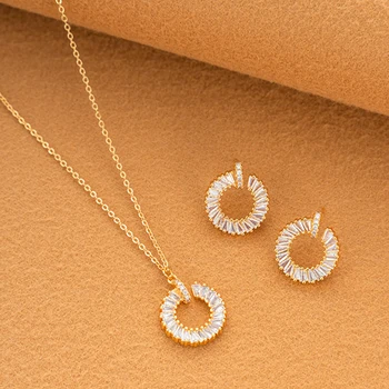 New Fashion Jewelry Sets Women Golden Zirconia Jewelry Stainless steel Wedding Necklaces and earrings Jewelry Set