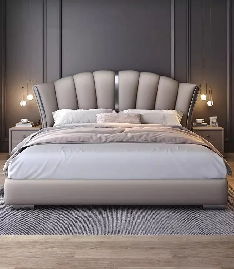 Wholesale Luxury King Size Modern Leather Bed Frame High Double Soft Bed Upholstered Headboard  Hotel Luxury Bedroom Furniture