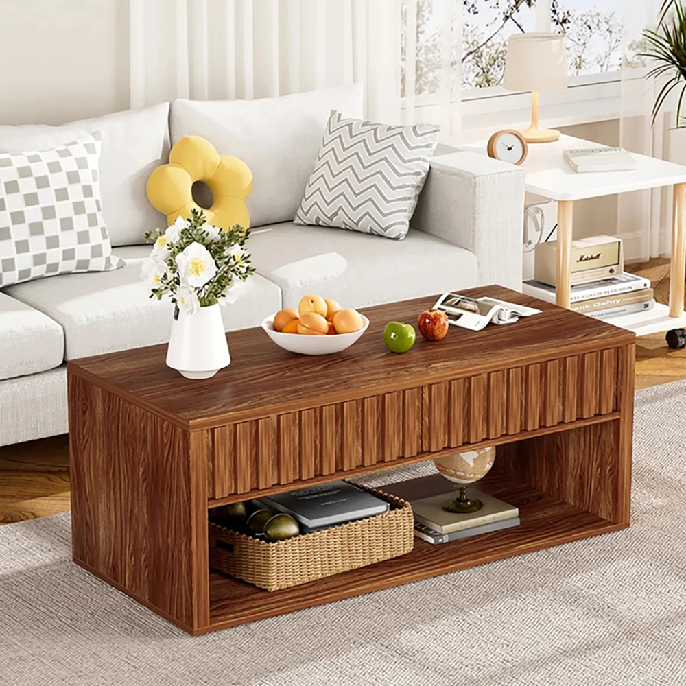 Modern Brown Rectangular Wood Coffee Table with Fluted Style Drawers and Storage Shelves for Living Room Furniture factory