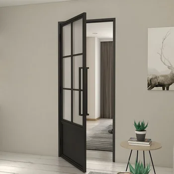 Alufront French Aluminum Casement Entry Door with Steel Frame Black Base Hinges Handle Includes Fiberglass Screen Netting Glass