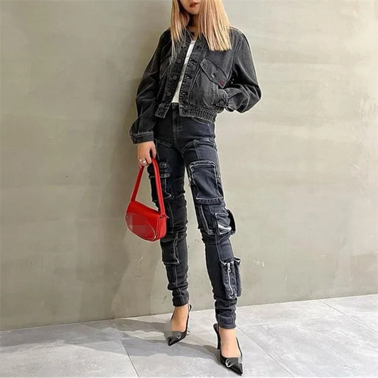 New 2023 Designer Multi Pockets Skinny Denim Pencil Pants Women High Waist Slim Fit Stretchy Cargo Jeans