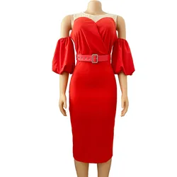 2023 Summer Women Mesh Patchwork Puff Sleeve Pleated Belt Plus Size Unique Europe and America Elegant Party Casual Pencil Dress