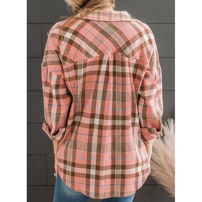 Dear-Lover Fast Shipping Wholesale Button Up Shirts Drop Shoulder Plaid Pattern Women Shirt