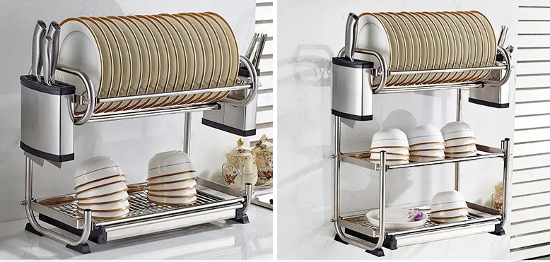 Wholesale 2 Tier Electroplate Eco Friendly 304 Stainless Steel Dish Rack Storage Holder Rack