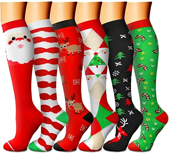 Wholesale 20-30 mmgh Graduated Christmas Socks Running Sport Cartoon Xmas Nurse Compression Socks