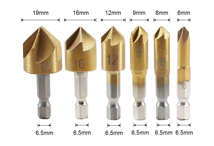 6Pcs Hex Shank 90 Degree 5 Flute HSS Countersink Drill Bit Set for Metal Deburring