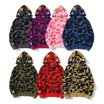 Fashion Unisex Camouflage Shark Hoodie  Ape 100% Cotton French Terry  Sports Street Wear  Zip Up Hoodie Jacket