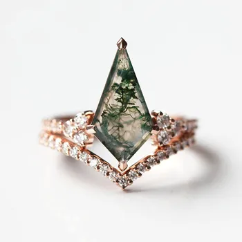 S925 Silver Vermeil Engagement Ring Green Moss Agate Kite Shaped,Natural Moss Agate Jewelry Gemstone Jewelry