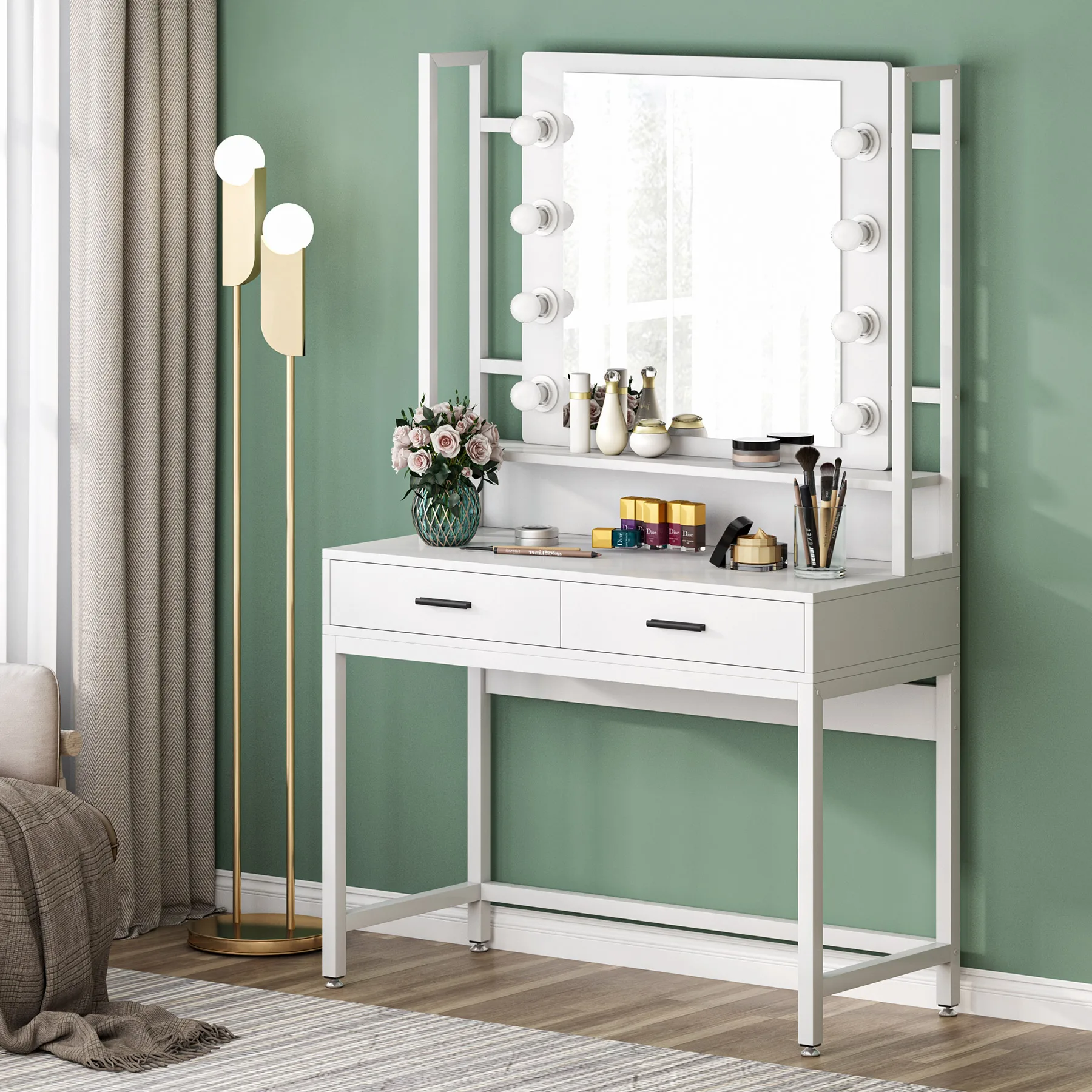 Tribesigns Elegant Makeup White Vanity Desk Dressing Table with Lighted Mirror for Women Girls