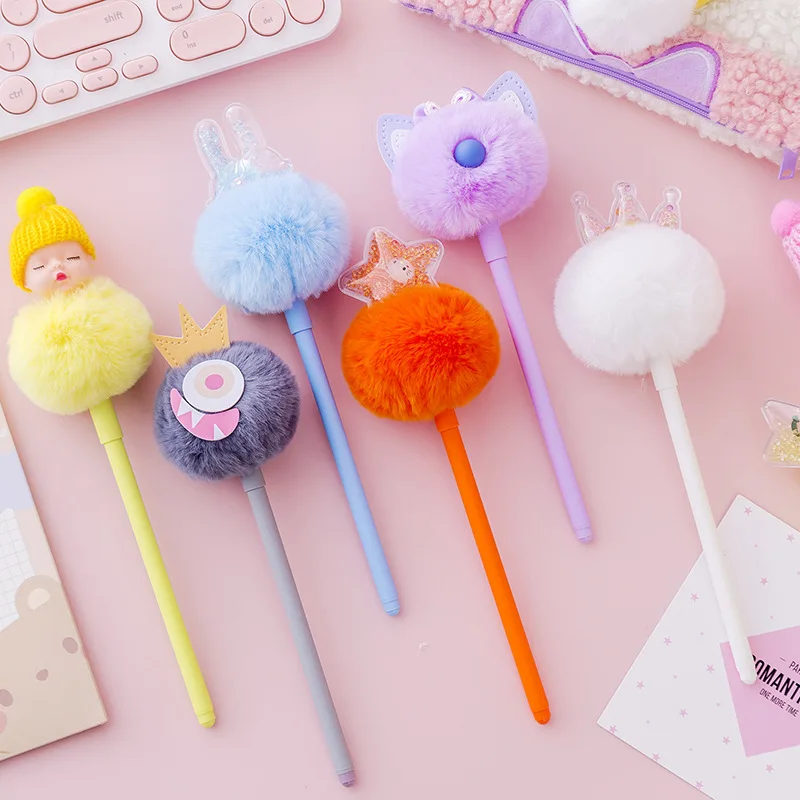 2022 Pink Feather Fluffy Ballpoint Pens Fluffy Soft Pom Pom Angel Top Ball Pen