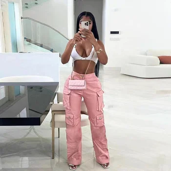 New Arrivals 2023 Elastic Waist Pink Color Pu Leather Big Pocket Fashion Straight Cargo Pants