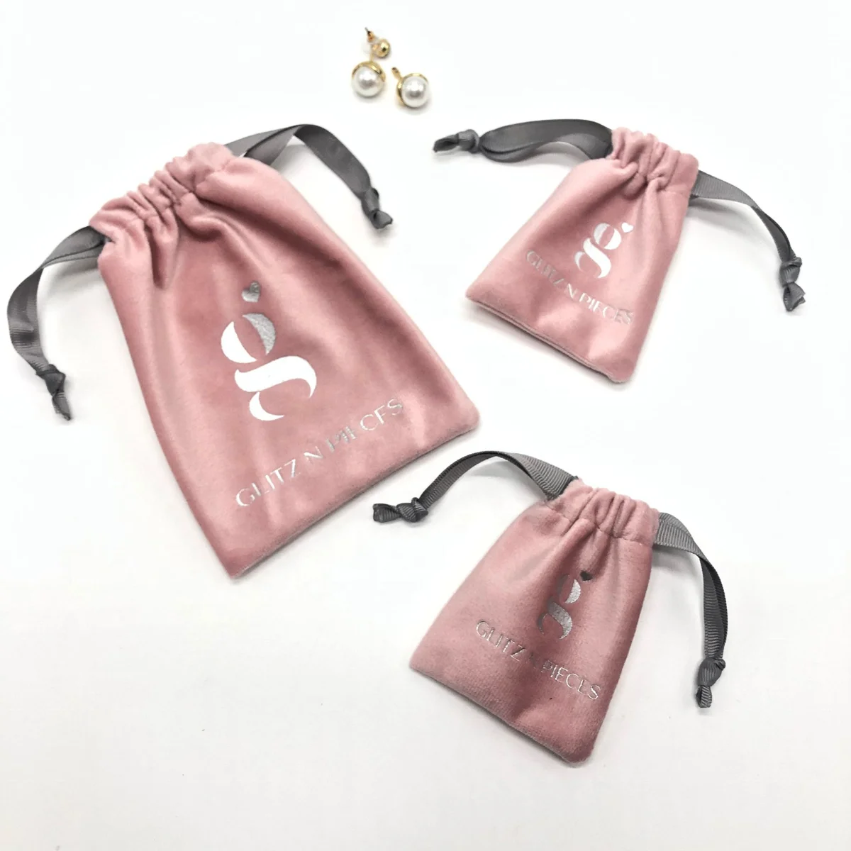 Custom Gray Logo Printing Pink Velvet Jewelry Pouch Small Drawstring Storage Packaging Gift Velvet Bag
