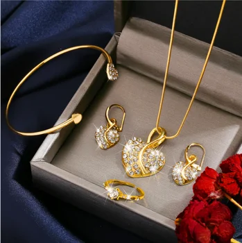 4pcs Luxury Heart Diamond Pendant Necklace Bracelet Earring Ring Set for Women Jewelry Party