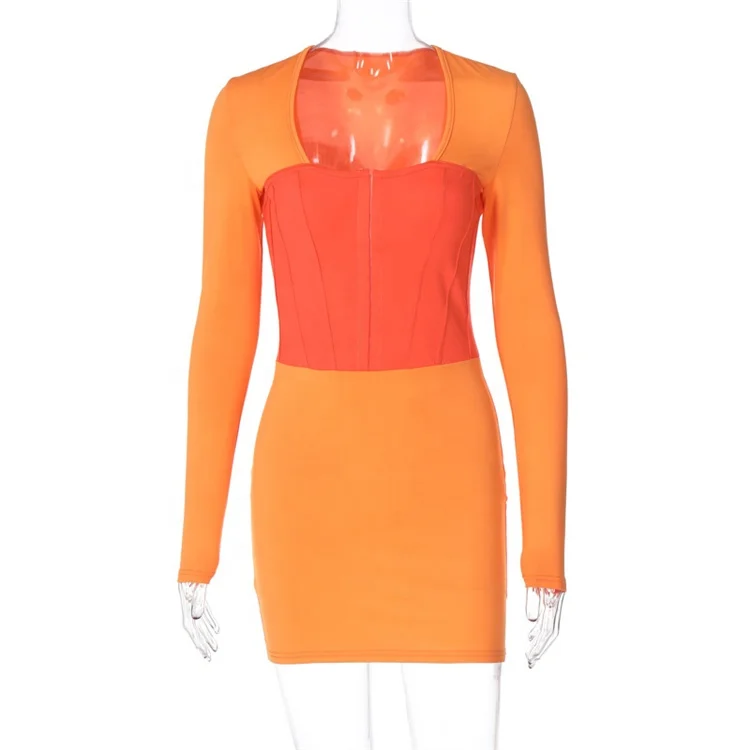 Sexy Orange Long Sleeve Mini Dress Night Club Clothing For Woman 2023 Patchwork Bodycon Short Dress