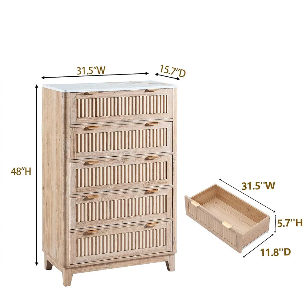 product modern 5 drawer fluted tall dresser with faux marble top oak wood and iron storage cabinet organizers for bedroom living room-4